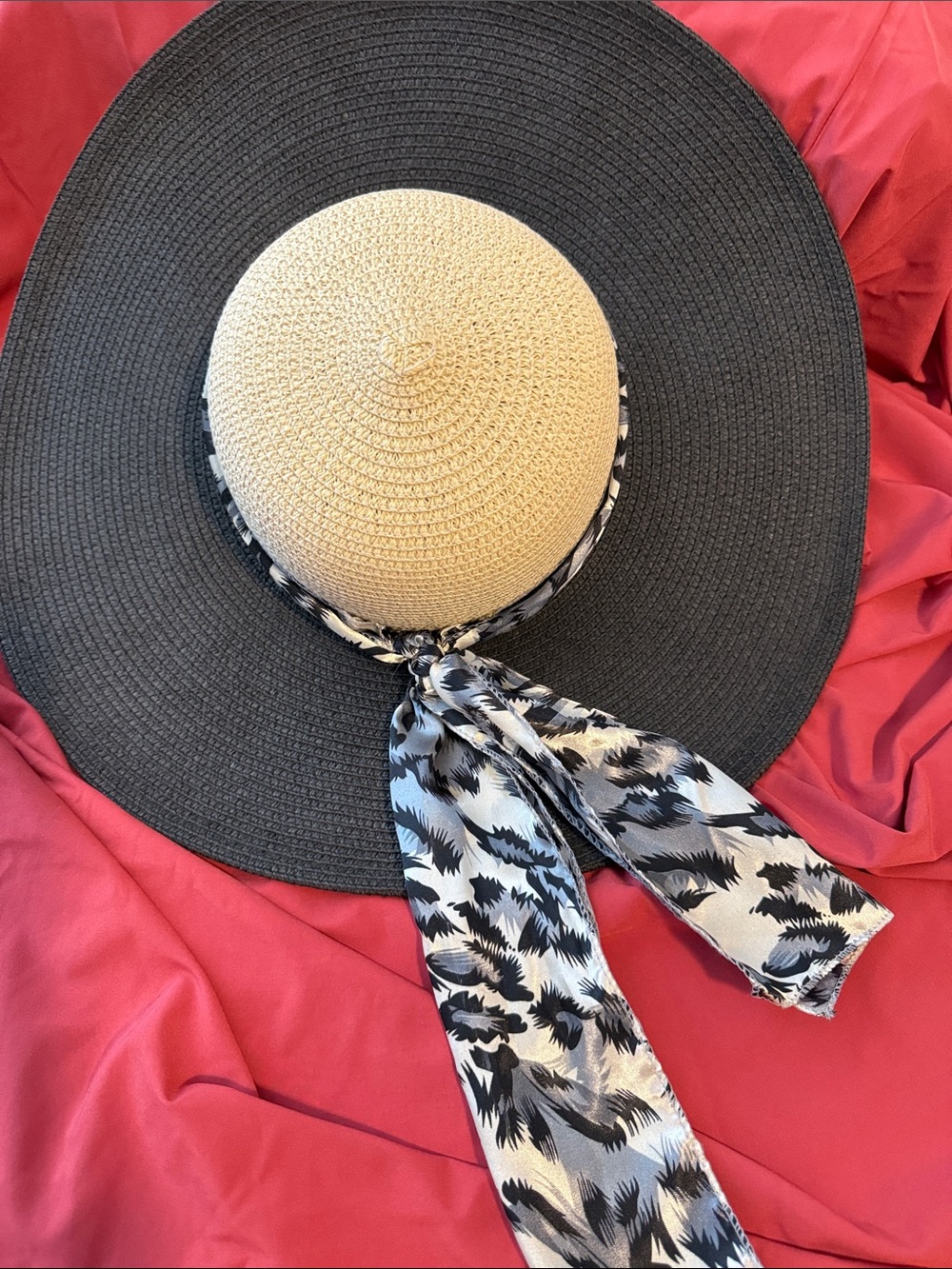 Nine West Black-Brim Straw Sun Hat with Beige Crown and Patterned Scarf